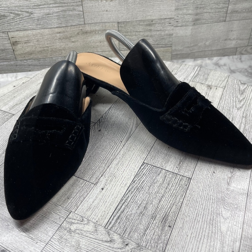 J. Crew Velvet Penny Mules Women 10M Shoes Black Slip On Comfort Pointed Flats